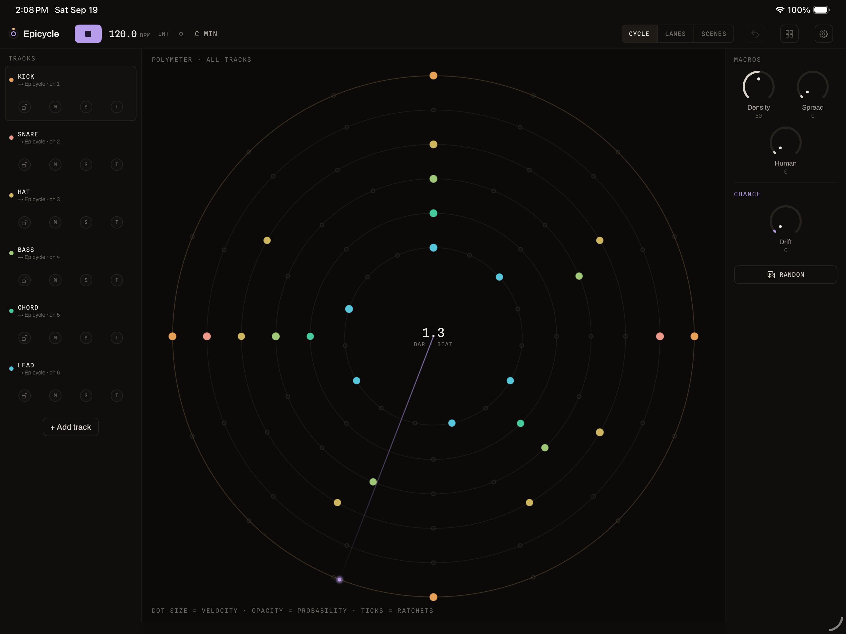 Epicycle in-app Cycle view showing six visible Euclidean rings and track controls