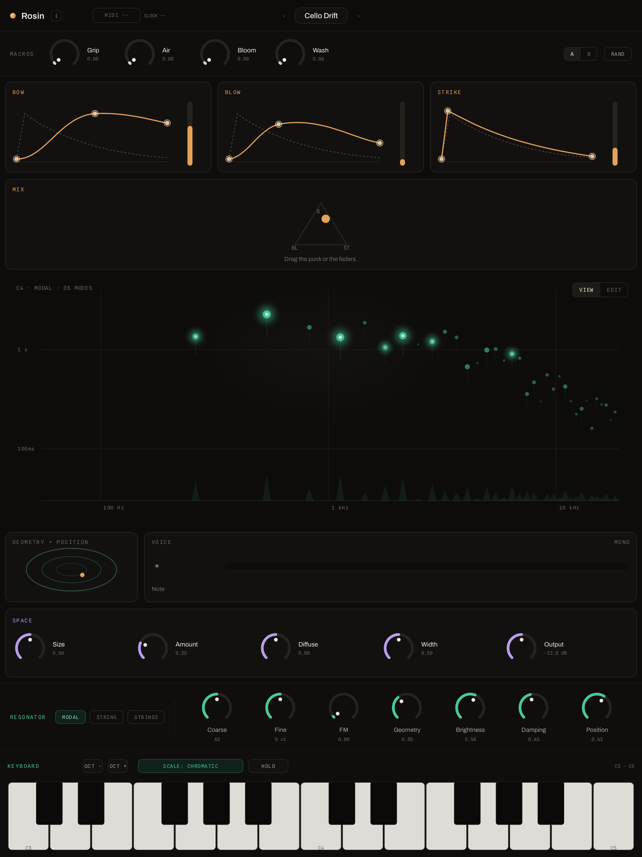 Rosin in-app view showing excitation controls, the modal Constellation, resonator controls and keyboard